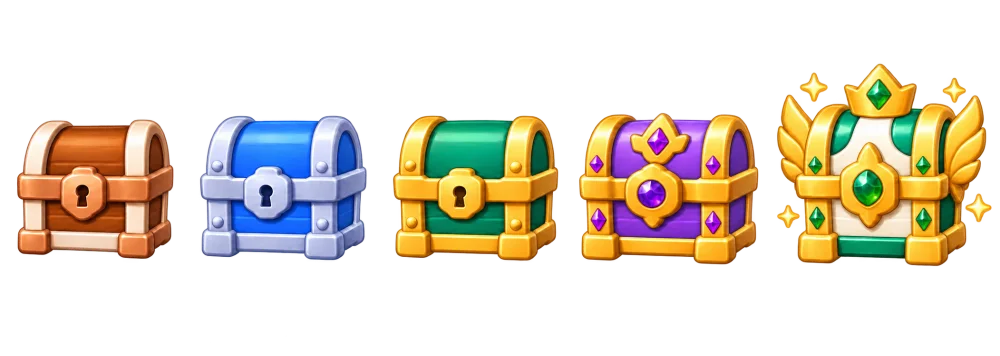 Five treasure chests: bronze, silver, gold, purple and royal